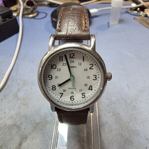 Timex Silver and Brown Watch with turquoise second hand